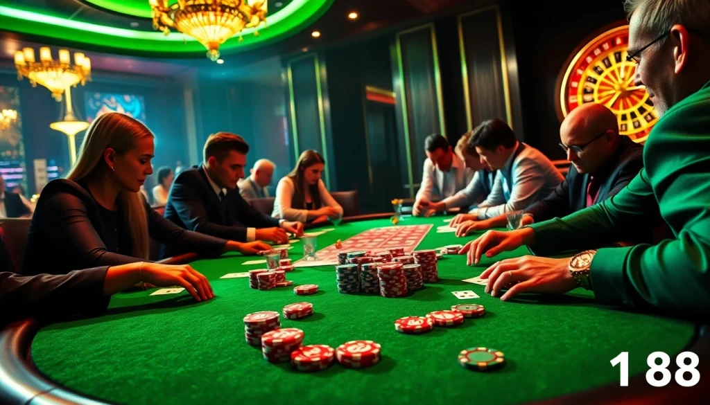 Engage with C168 strategies at a luxurious poker table filled with vibrant chips and ambitious players.