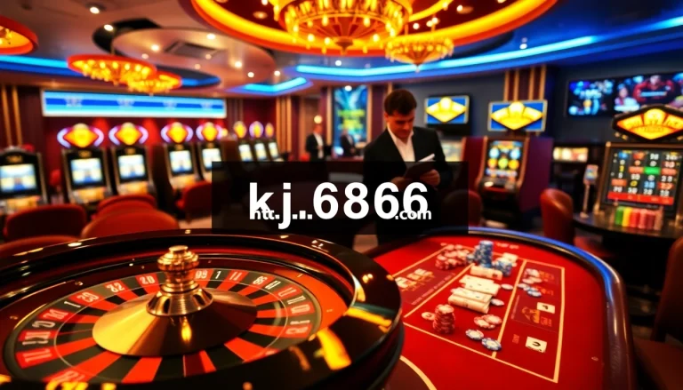 Experience thrilling gameplay at https://kjc686.com/ with a luxurious casino atmosphere showcasing roulette and poker action.