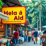 The bustling marketplace in Sri Lanka highlighting Hela Add advertisements among vibrant local stalls.
