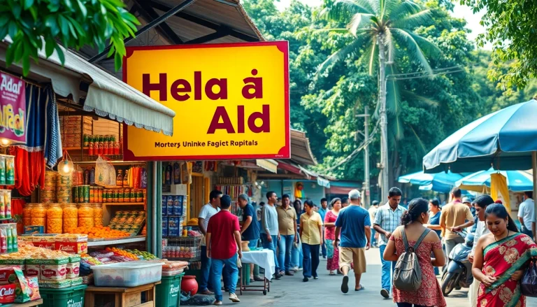 The bustling marketplace in Sri Lanka highlighting Hela Add advertisements among vibrant local stalls.