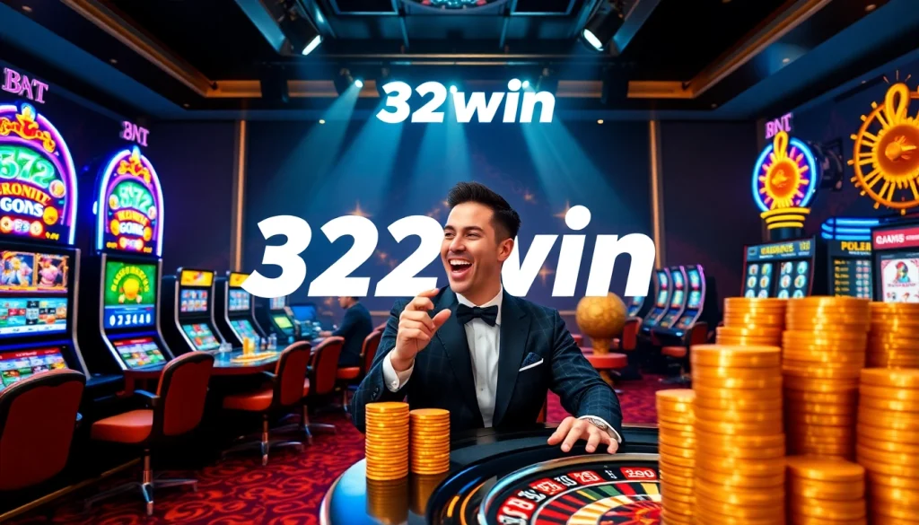 Gaming excitement at 32win casino with vibrant slot machines and roulette wheels.