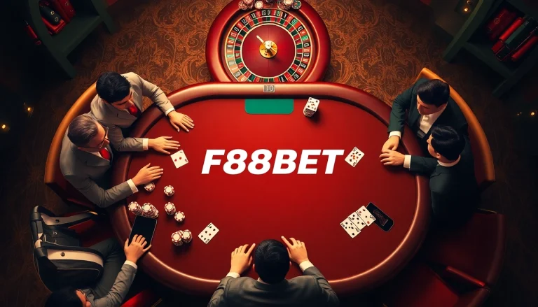 Experience excitement at the F88BET poker table with players and chips in action.