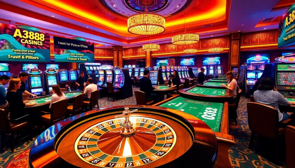 Players enjoying a vibrant casino experience at AE3888 with lively gaming tables and a roulette wheel.