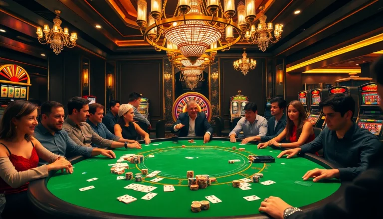 Engaged players enjoying a high-stakes game at the 88i poker table with vibrant chips and cards.