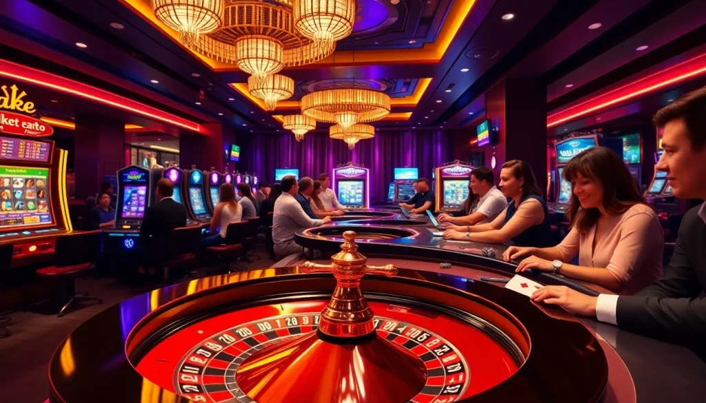 שחקנים חוגגים ניצחונות במהלך משחק מרגש בקזינו Stake עם מכונות צבעוניות ואווירה חיה.