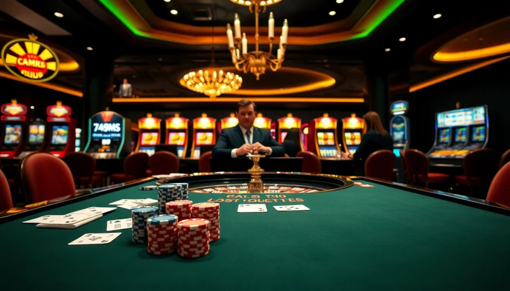 An immersive casino experience at 789club with luxurious game tables and enthusiastic players betting.