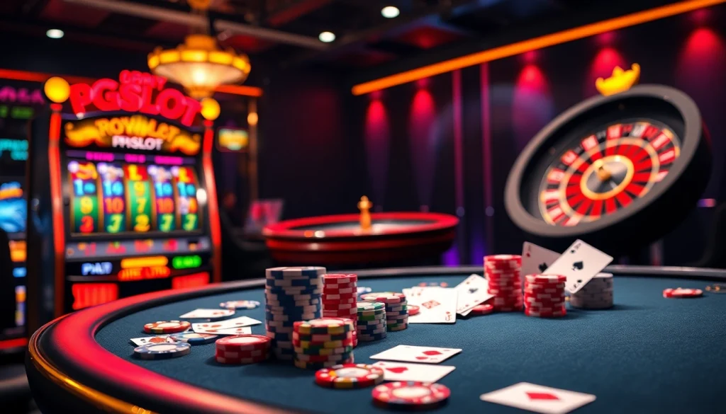 Experience the excitement of PGSLOT with vibrant graphics and thrilling casino games at a high-stakes poker table.