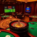 The excitement of a high-stakes game at https://bl555.family/ featuring roulette, poker tables, and vibrant chips.