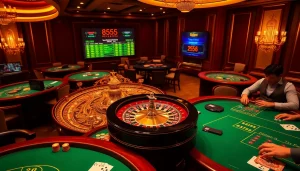 The excitement of a high-stakes game at https://bl555.family/ featuring roulette, poker tables, and vibrant chips.