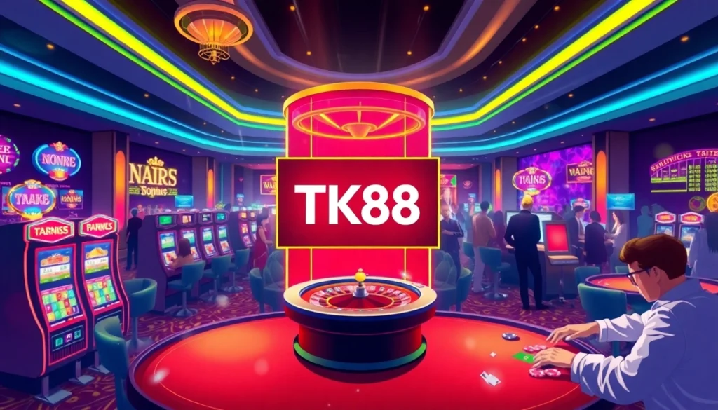 Experience the excitement of TK88 at a luxurious casino with vibrant gaming tables and glowing slot machines.