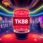 Experience the excitement of TK88 at a luxurious casino with vibrant gaming tables and glowing slot machines.