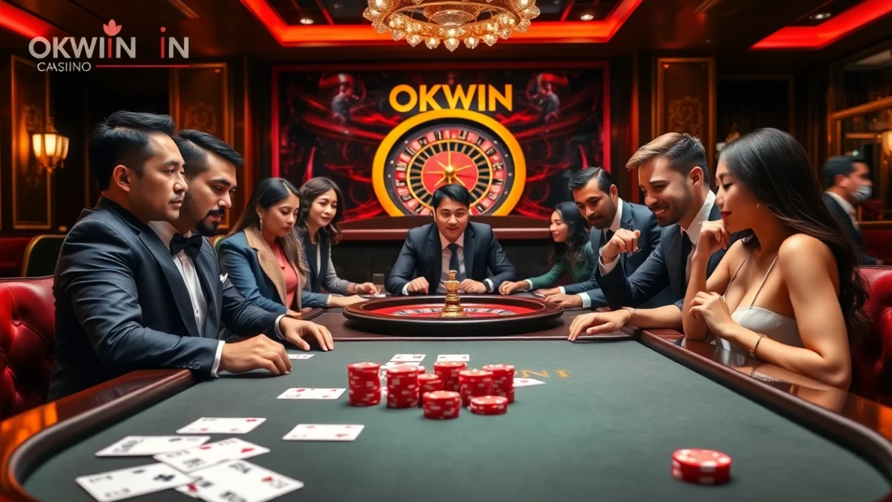 Engaging players at OKWIN's luxurious poker table filled with exciting gameplay elements.