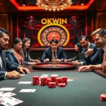 Engaging players at OKWIN's luxurious poker table filled with exciting gameplay elements.