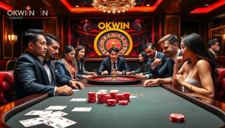 Engaging players at OKWIN's luxurious poker table filled with exciting gameplay elements.