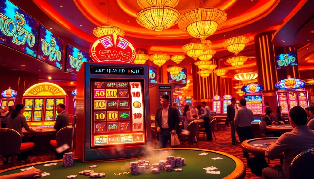 Experience the excitement of quay hũ with vibrant slot machines and energized players in a luxurious casino.