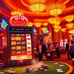 Experience the excitement of quay hũ with vibrant slot machines and energized players in a luxurious casino.