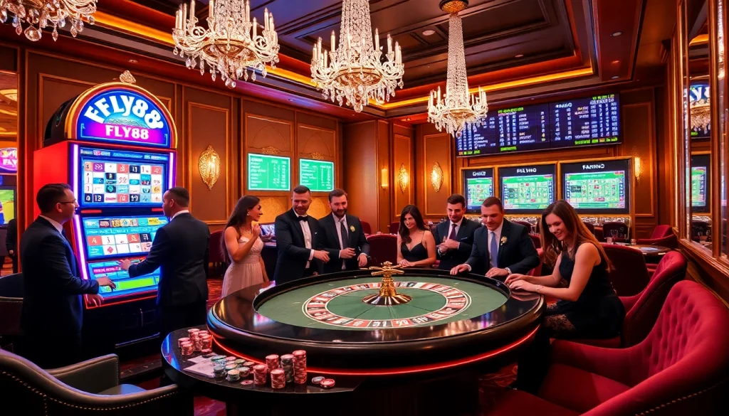 Players engage with the FLY88 slot machine in a luxurious casino setting, highlighting excitement and luxury.