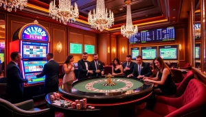 Players engage with the FLY88 slot machine in a luxurious casino setting, highlighting excitement and luxury.