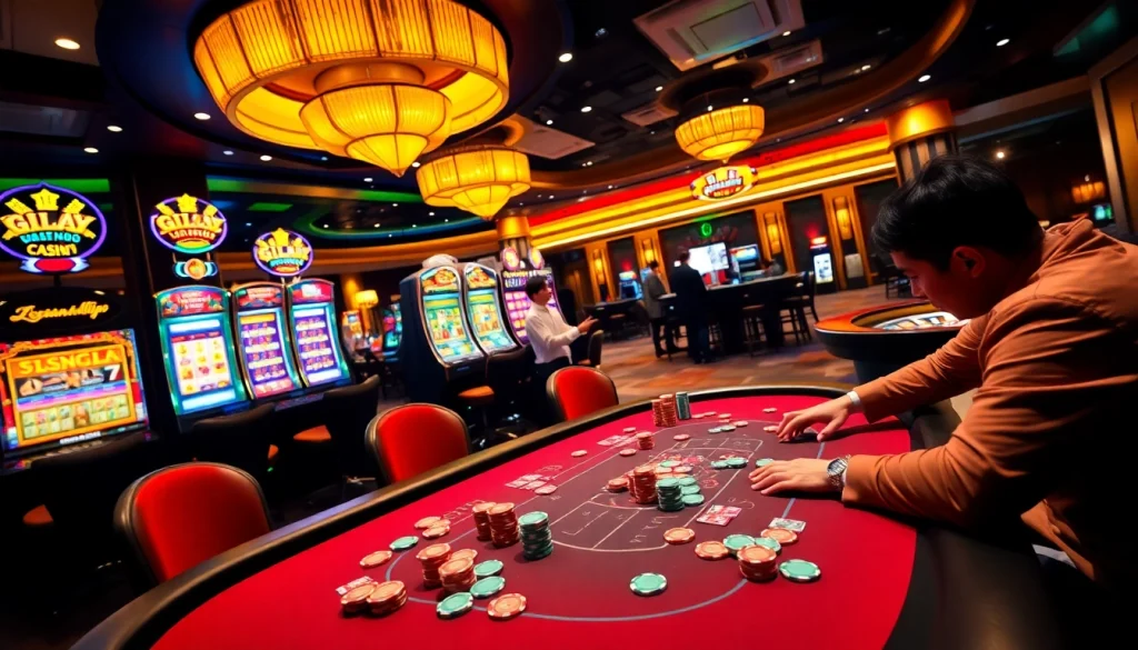 Experience the excitement of gilajp through a luxurious casino scene with poker and roulette.