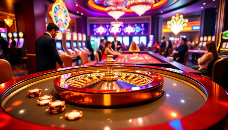 Experience thrilling gameplay at 5z7772 com with a luxurious casino atmosphere featuring roulette and slot machines.