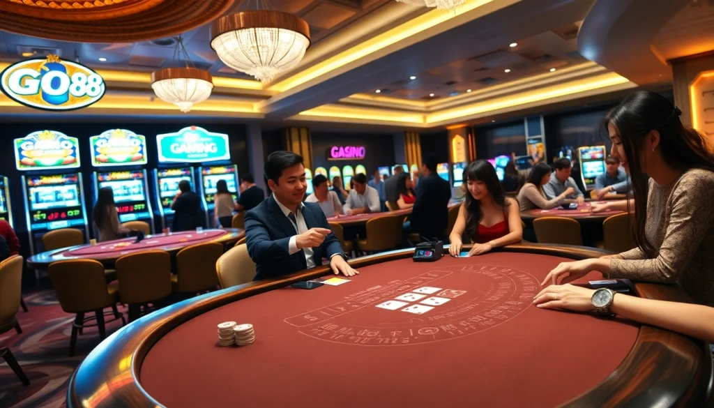 GO88 players enjoying a thrilling blackjack game in an elegant casino setting.