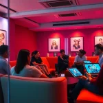 NSFW chat lounge with modern decor and diverse people enjoying digital interactions.