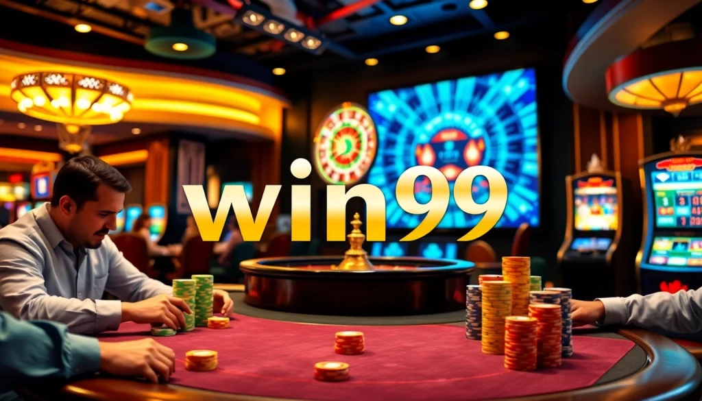 Experience the excitement of win.99 with vibrant casino visuals of poker and roulette.