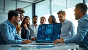 Engaging collaboration at an AI integration service provider office showcasing teamwork and technology.