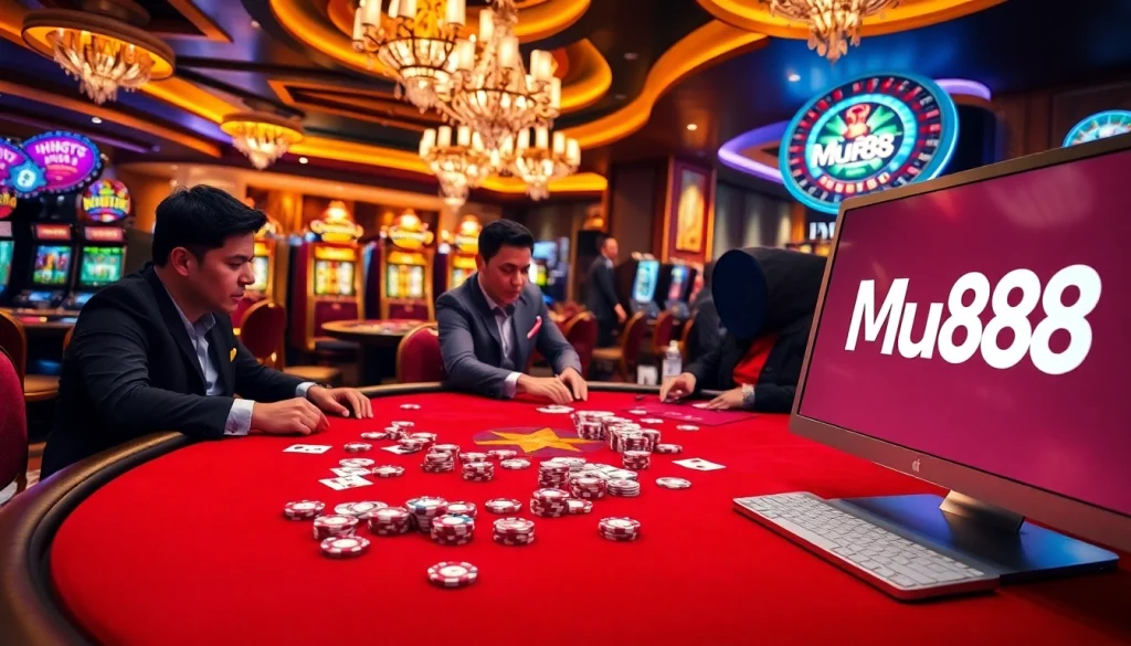Mu88 casino scene with a dynamic poker game and vibrant slot machines brings excitement.