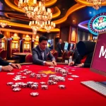 Mu88 casino scene with a dynamic poker game and vibrant slot machines brings excitement.