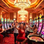 Excited players celebrating a jackpot win on slot gacor machines in a vibrant casino.