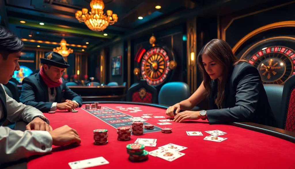 Players competing in a high-stakes poker game at RR88 Casino, showcasing excitement and luxury.
