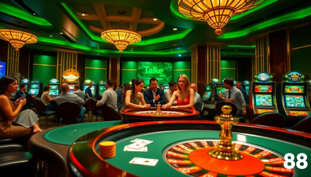 Exciting online gambling scene at LC88 featuring poker, roulette, and slot machines.