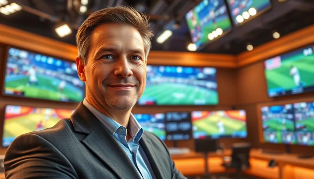 Engaging sports broadcasting scene with a professional broadcaster in action.