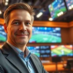 Engaging sports broadcasting scene with a professional broadcaster in action.