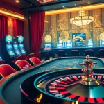 luxury138 online betting scene with baccarat table and vibrant slot machines.