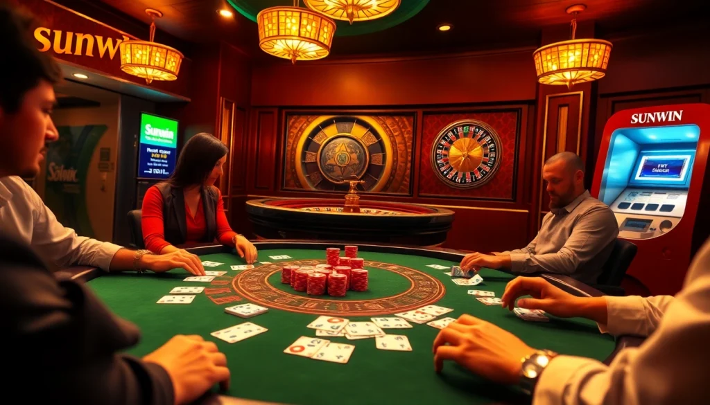 Experience the excitement of Sunwin with vibrant casino action featuring poker tables and colorful chips.