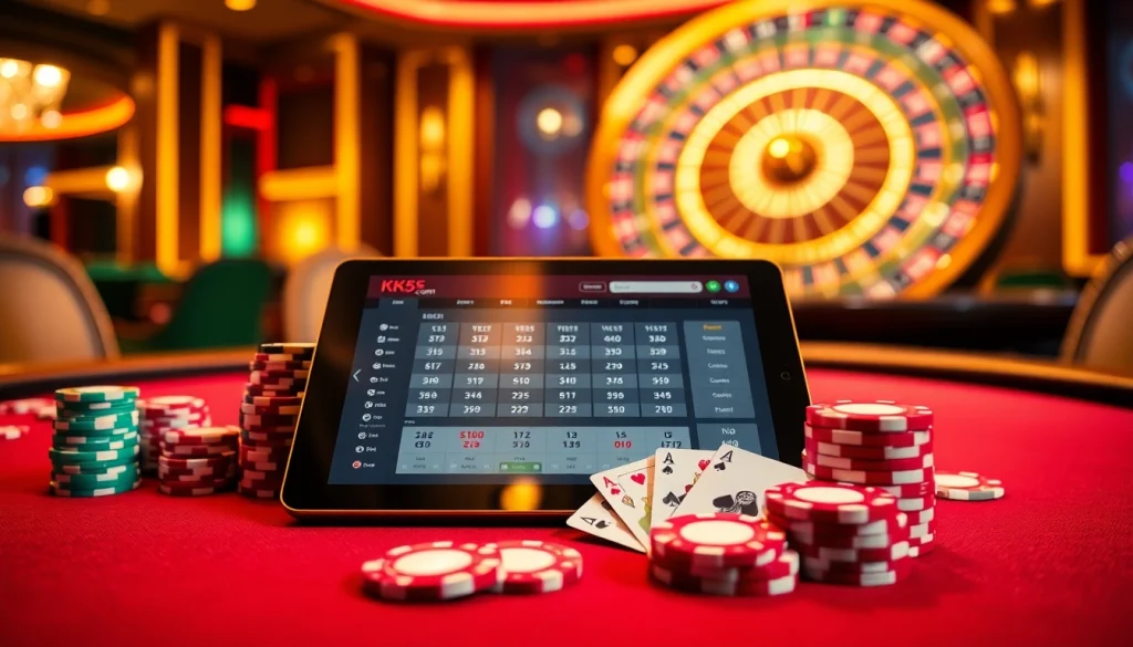 Engage with thrilling online betting at KK55.com amidst vibrant casino elements like chips and cards.