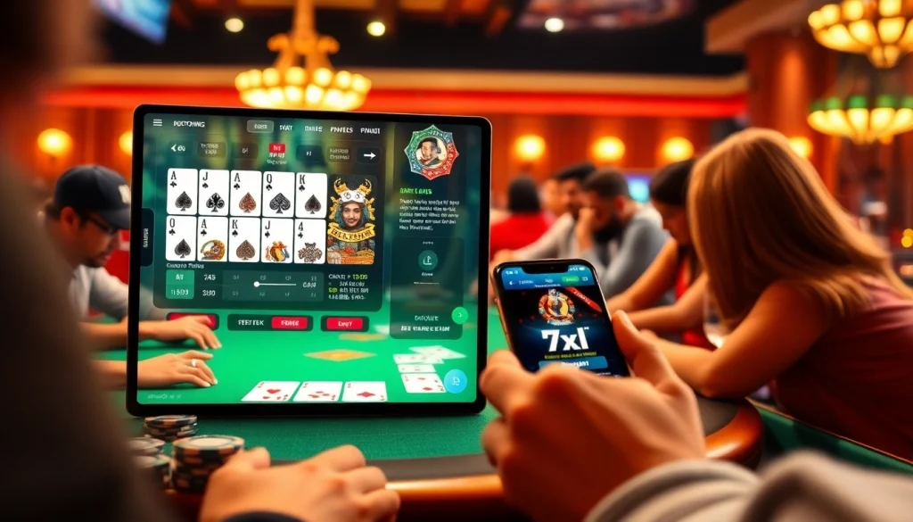 תרשים חזותי מושך של פלטפורמת פוקר אונליין 7xl סוכן עם שחקנים, קלפים דיגיטליים ואווירה תוססת.