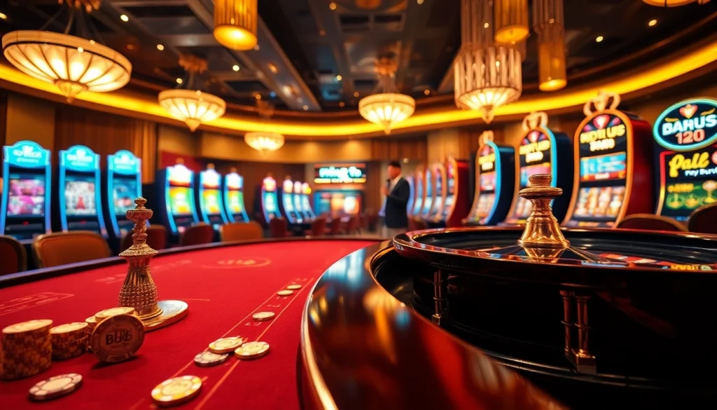 Engaging scene of players enjoying bk8 สล็อต at a vibrant casino table, showcasing excitement and luxury.