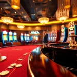 Engaging scene of players enjoying bk8 สล็อต at a vibrant casino table, showcasing excitement and luxury.