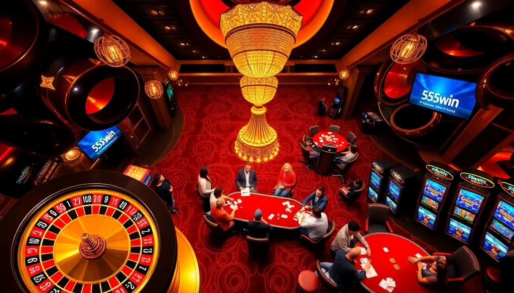 Players enjoying an exciting game at 555win casino with vibrant tables and slot machines.