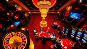 Players enjoying an exciting game at 555win casino with vibrant tables and slot machines.