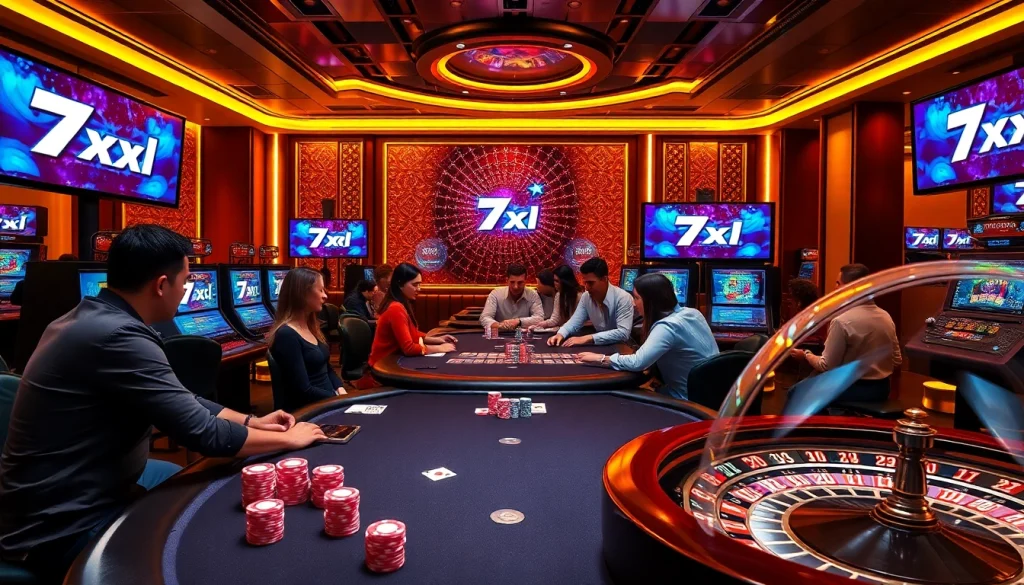 שחקנים נהנים ממשחק פוקר מרגש בקזינו האונליין של 7xl, עם צבעים תוססים והתרגשות רבה.
