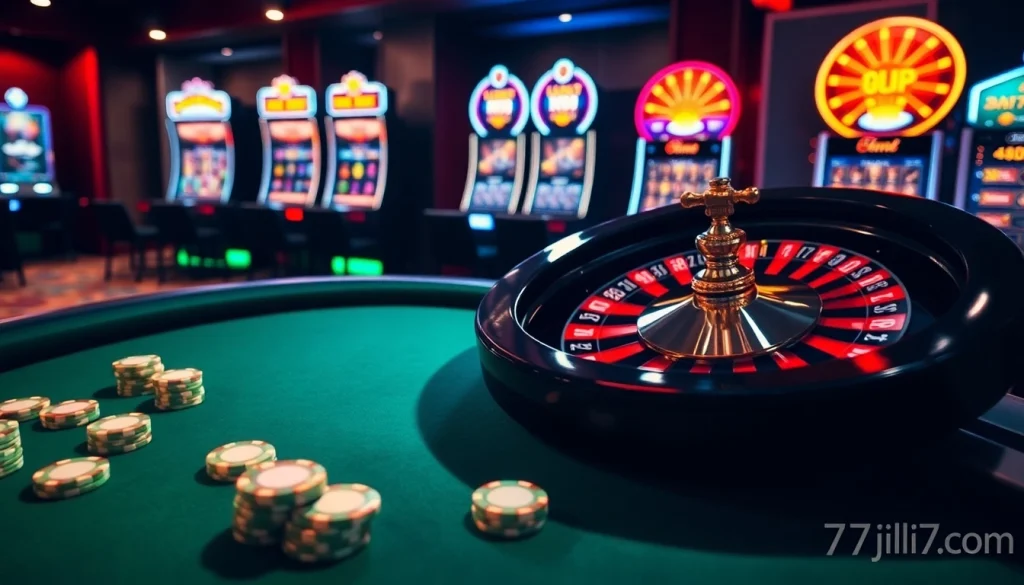 Engage in high-stakes poker at 77jili7 com with chips and a vibrant roulette wheel.