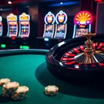 Engage in high-stakes poker at 77jili7 com with chips and a vibrant roulette wheel.