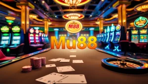 Experience the thrill of Mu88 casino with a vibrant gaming atmosphere featuring roulette and poker tables.