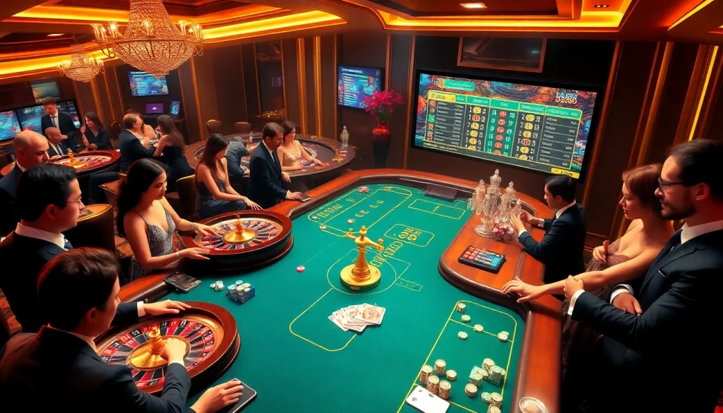 BJ388 online casino showcasing vibrant gaming action with roulette wheels and poker chips