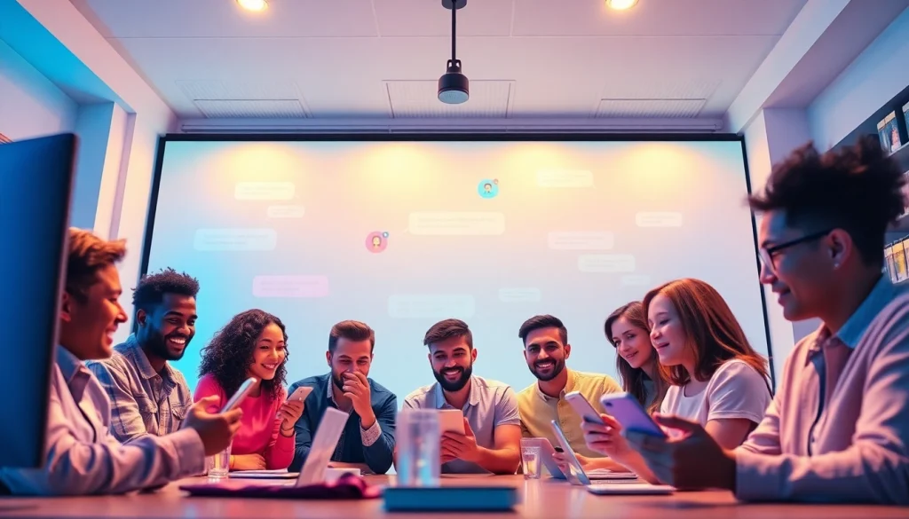 مشهد تفاعلي لشات فله يجمع مستخدمين متنوعين يتواصلون عبر الدردشات عبر الإنترنت.