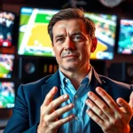 Engaging sports broadcaster delivering insights in a vibrant studio, showcasing Sports Broadcasting dynamics.